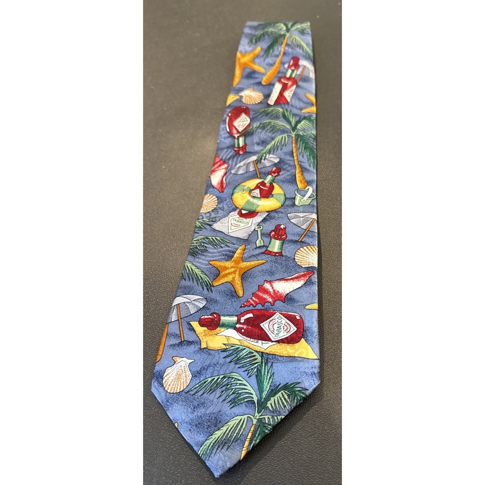 Tabasco Mens Necktie Blue Tropical Beach Hot Sauce Silk Novelty Nautical Event